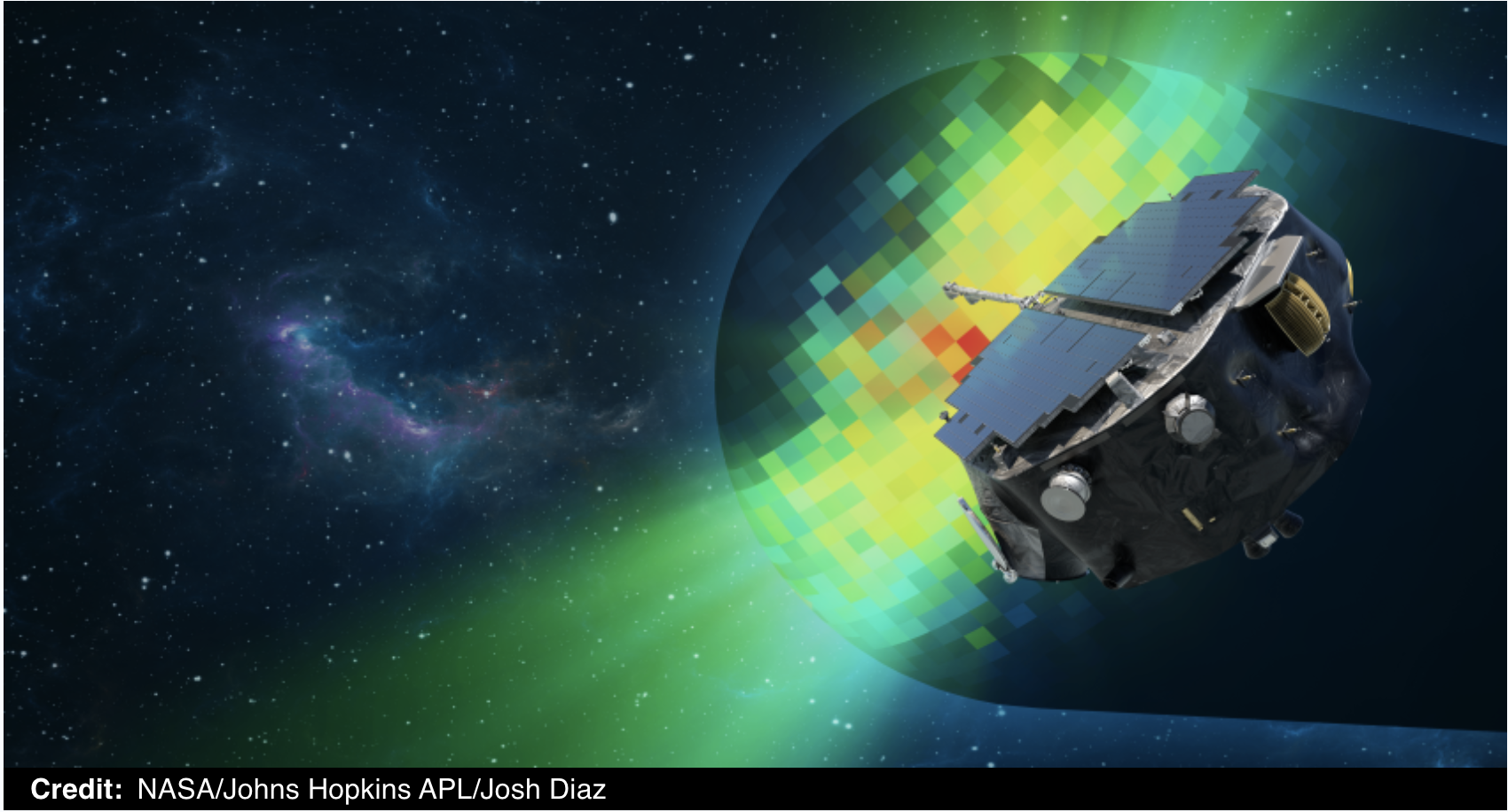 A satellite in space with a colorful planet in the background

Description automatically generated